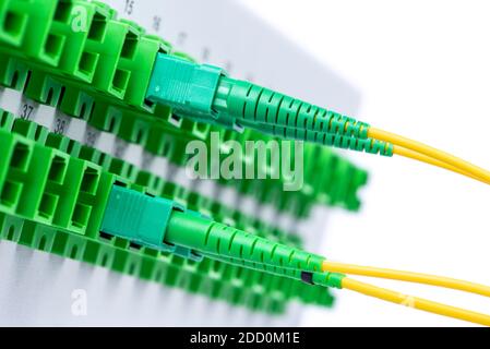 Optical distribution frame with connected patch cord close-up Stock Photo