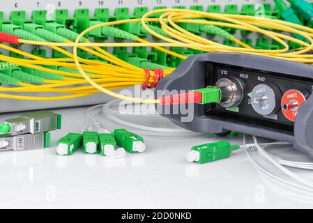 Testing fiber network, optic power meter and optical equipment Stock Photo