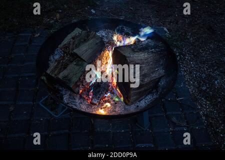 Children outdoors roasting marshmallows over the wood fire, England, United Kingdom Stock Photo