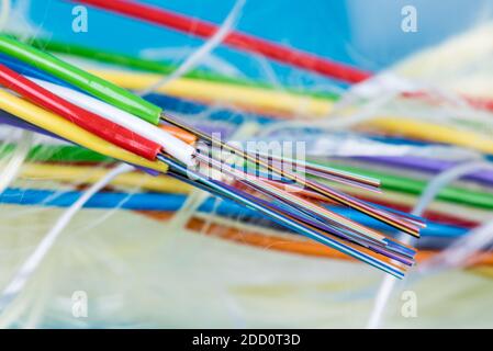 Stripped colorful fiber optic cable Stock Photo