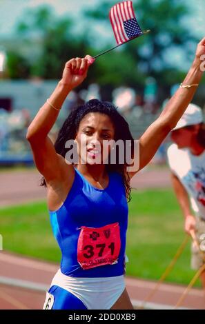 Florence Griffith Joyner competing in the 100m at the 1988 U.S. Olympic Track and Field Team Trials Stock Photo
