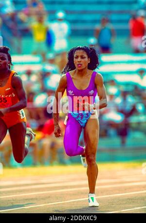 Florence Griffith Joyner competing in the 100m at the 1988 U.S. Olympic Track and Field Team Trials Stock Photo