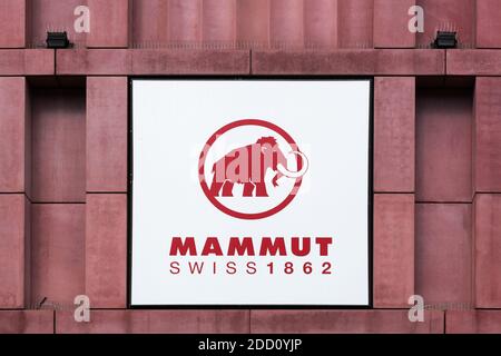 Berlin, Germany - July 12, 2020: Mammut logo on a wall. Mammut Sports is a Swiss multinational mountaineering and trekking company Stock Photo