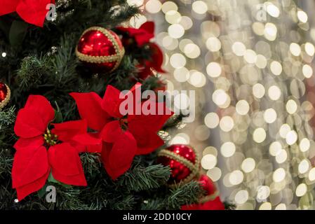 Decorated Christmas Tree With Blurred Lights Background Stock Photo
