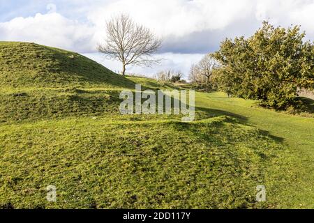 Some of the Iron Age ramparts of Uley Bury a large multivallate hillfort on a spur of the Cotswold escarpment at Uley, Gloucestershire UK Stock Photo