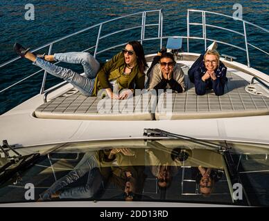 Guests at the Hotel Alabriga can book the in-house yacht for swimming or snorkeling trips in Sant Feliu de Guíxols, Spain Stock Photo