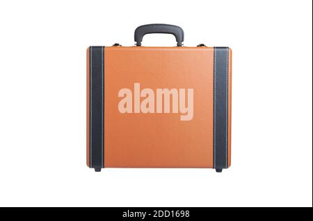 orange leather suitcase in retro style isolated on white background Stock Photo