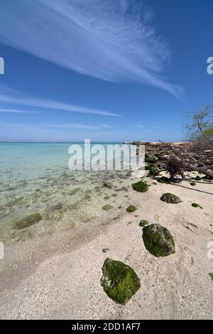 The beach is a bit rocky with cloudy skies Stock Photo - Alamy
