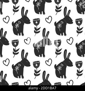 Seamless vintage pattern with ink hand drawn hare illustrations. Easter background. with ink hand drawn hare Stock Photo