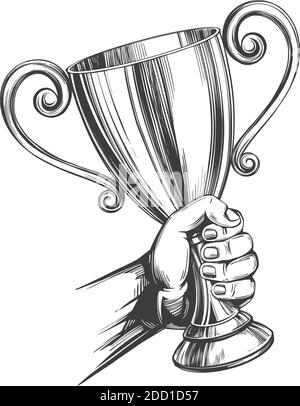Award, strong hand holding a cup trophy hand drawn vector illustration realistic sketch Stock Vector