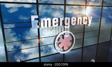 Emergency and hospital on glass building. Mirrored sky and city modern facade. Health, healthcare, medicine, medical services, covid-19 pandeic and cl