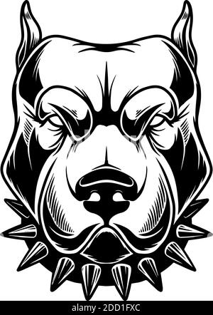Illustration of head of angry pitbull in vintage monochrome style. Design element for logo, emblem, sign, poster, card, banner. Vector illustration Stock Vector