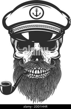 Illustration of bearded skull of sea captain. Design element for logo, emblem, sign, poster, card, banner. Vector illustration Stock Vector