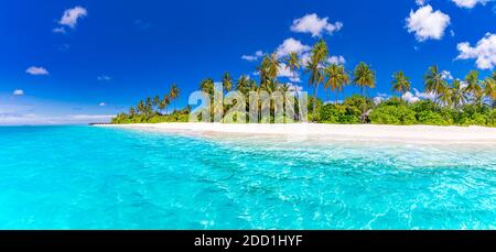 Amazing travel landscape, tropical beach scene, stunning blue sea, palm tree, white sand. Exotic luxury travel vacation destination, relax view. Stock Photo