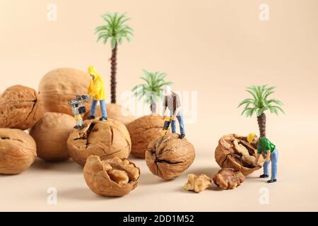 A closeup shot of miniature labor figures on walnuts Stock Photo