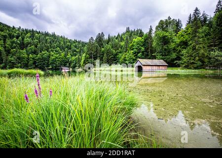 Idyllic summer landscape with clear mountain lake in the Alps, cloudy scene. Calm water reflection, tranquil nature. Alpine lake landscape Stock Photo