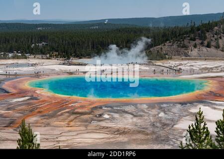 The Grand Prismatic Spring and Excelsior Geyser in the Midway Geyser Basin in Yellowstone National Park, Wyoming, USA. Stock Photo