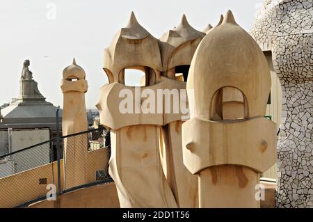 Sentinel chimneys on the roof of Casa Mila (or La Pedrera) in Barcelona, Catalonia, Spain Stock Photo