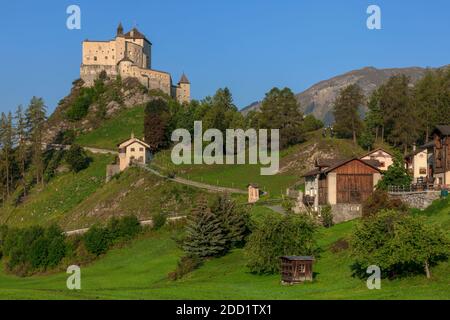 Tarasp Castle, Scuol, Engadin, Grisons, Switzerland, Europe Stock Photo