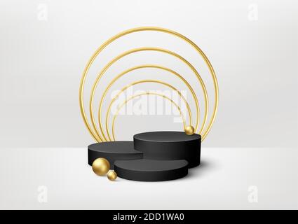 Realistic 3D Black Product podium showcase with golden decorative elements on a white background. Luxury concept for displaying a cosmetic product Stock Vector