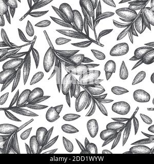 Hand drawn sketch almond seamless pattern. Organic food vector illustration on white background. Vintage nut illustration. Engraved style botanical ba Stock Vector