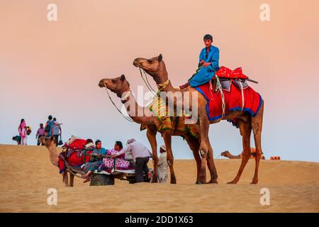 JAISALMER, INDIA - OCTOBER 13, 2013: Unidenfified people and camels at safari in Thar desert near Jaisalmer city in India Stock Photo