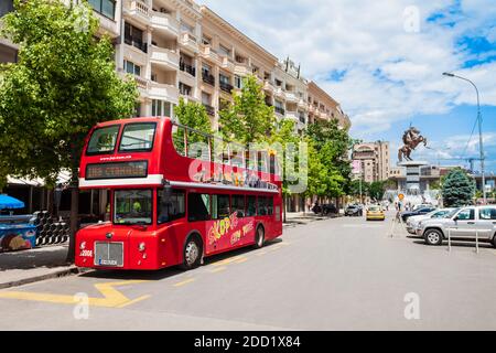 SKOPJE, MACEDONIA - MAY 31, 2013: Double decker red bus designed for Skopje city public transportation, North Macedonia Stock Photo