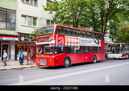 SKOPJE, MACEDONIA - MAY 31, 2013: Double decker red bus designed for Skopje city public transportation, North Macedonia Stock Photo