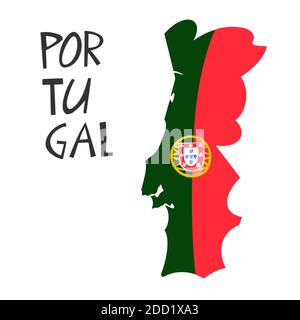Vector hand drawn stylized map of Portugal with flag. Travel illustration of Portuguese Republic shape. Europe map element Stock Vector