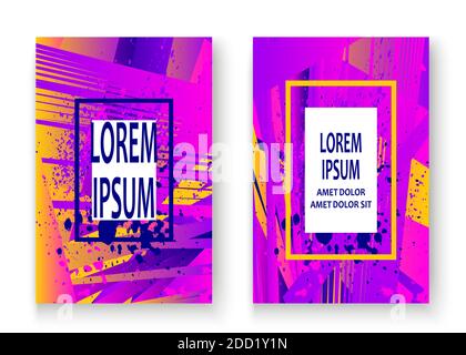 Artistic cover frame design paint splatter set vector illustration. Neon blurred pink yellow color gradient. Abstract texture geometric pattern trend Stock Vector