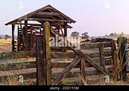 Antiquated  'In Ground' Livestock Scalehouse, Weights & Measures  certification seals 1959 - 2001, Abandoned Farm Equipment California. Stock Photo