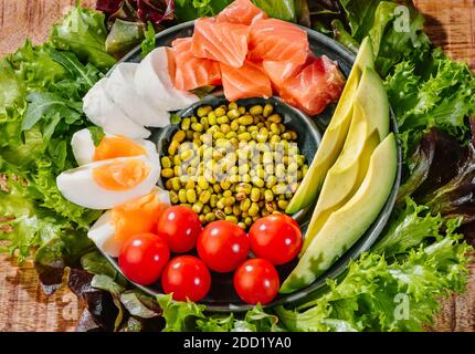 Green vegetable salad with salmon chicken eggs avocado tomatoes green lettuce on a wooden backgraund.Close-up Stock Photo