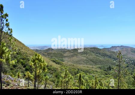 A view from the road of Mont Koghi. Noumea city can be seen in the distance below the rolling green hills. Noumea, New Caledonia, South Pacific. Stock Photo