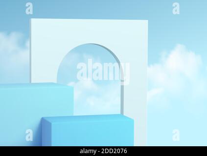 Blue product podium showcase on the background of clear sky with clouds. Podium show cosmetic product 3d realistic Vector illustration Stock Vector
