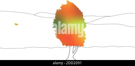 Shape of colour Tree, wind and falling autumn leaf. Vector outline Illustration. Stock Vector