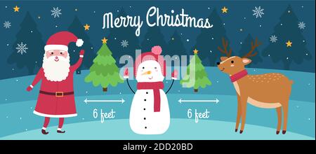 coronavirus and social distancing infographic with cute Christmas cartoon characters. Santa Claus, Snowman and reindeer 6 feet apart. Snow dark forest Stock Vector