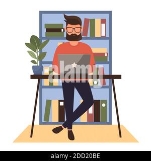 Man working remotely from home. Man standing by the table. Vector illustration. Stock Vector