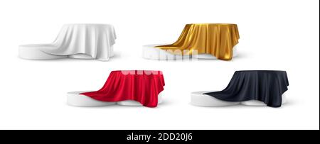 Set of realistic 3d round product podium display covered with fabric drapery folds isolated on white background. White, red, black, gold color shiny Stock Vector