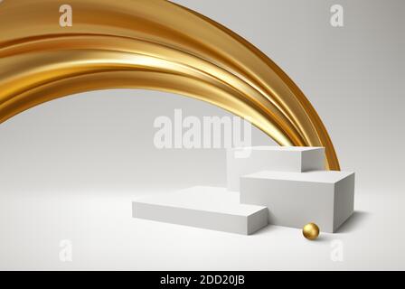 Background 3d white podium product and realistic golden swirl on the white background. Modern white cube podium, great design for any purposes. Vector Stock Vector