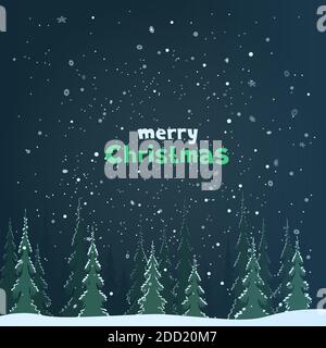 Christmas text and forest snowfalls in blue dark Stock Vector