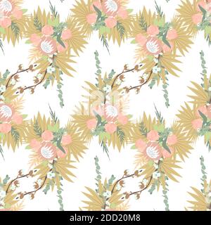 Floral boho seamless pattern with tropical flowers and leaves. Stock Vector