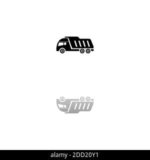Tipper truck. Black symbol on white background. Simple illustration. Flat Vector Icon. Mirror Reflection Shadow. Can be used in logo, web, mobile and Stock Vector