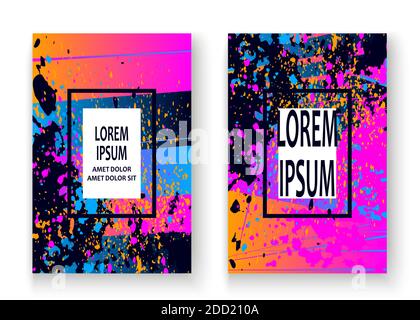 Artistic cover frame design with paint splatter set vector illustration. Neon blurred blue pink yellow gradient. Abstract retro style texture geometri Stock Vector