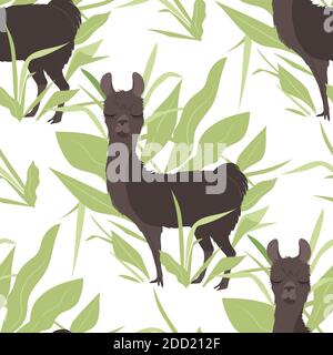 Seamless pattern with hand drawn cute flat boho llamas and plants in neutral colors. Stock Vector