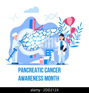 Pancreatic Cancer Awareness Month is organised on November in USA. Pancreas doctors examine. Tiny therapist treat patient. Health care flat concept ve Stock Vector