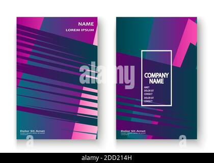 Artistic cover set design vector illustration. Neon blurred purple blue gradient. Abstract retro texture geometric line pattern. Striped minimalist tr Stock Vector