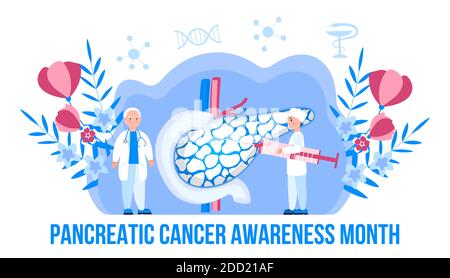 Pancreatic Cancer Awareness Month is organised on November in USA. Pancreas doctors examine. Tiny therapist treat patient. Health care flat concept ve Stock Vector