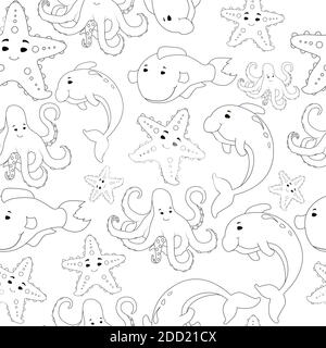 Pattern for boys. Childrens shirts. Dolphins seamless pattern on a white background. Black and white version. The print features dolphins with starfis Stock Vector