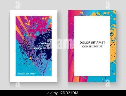 Artistic cover frame design paint splatter set vector illustration. Neon blurred pink blue color gradient. Abstract texture geometric pattern trend ba Stock Vector