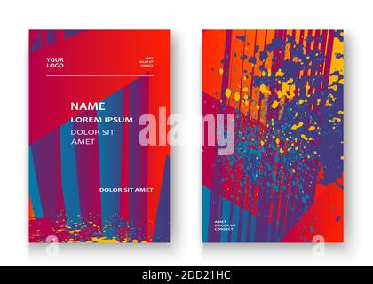 Artistic cover frame design paint splatter set vector illustration. Neon blurred red blue color gradient.Abstract texture geometric striped pattern tr Stock Vector
